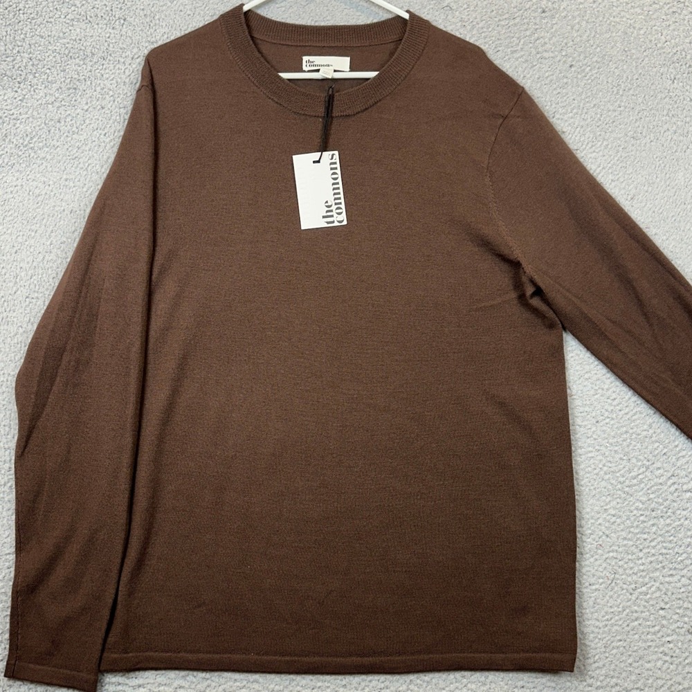NEW The Commons Sweater Mens Large Dark Brown Merino Wool Crewneck Knit Pullover